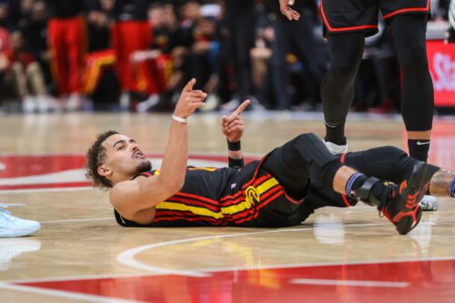 
Apr 27, 2023; Atlanta, Georgia, USA; Atlanta Hawks guard Trae Young (11) reacts after a basket against the Boston Celtics in the second half during game six of the 2023 NBA playoffs at State Farm Arena. Mandatory Credit: Brett Davis-USA TODAY Sports
