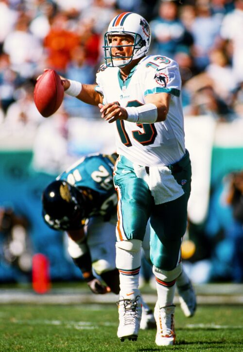 
Jan 15, 2000; Jacksonville, FL, USA; FILE PHOTO; Miami Dolphins quarterback Dan Marino (13) in action against the Jacksonville Jaguars during the 1999 AFC Divisional playoffs at Alltel Stadium. Mandatory Credit: Peter Brouillet-USA TODAY NETWORK

