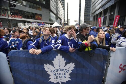 
May 4, 2023; Toronto, Ontario, CANADA; Toronto Maple Leafs fans in Maple Square before game two of the second round of the 2023 Stanley Cup Playoffs against the Florida Panthers at Scotiabank Arena. Mandatory Credit: John E. Sokolowski-USA TODAY Sports
