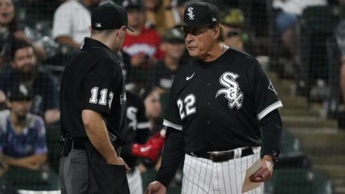 
Jul 5, 2022; Chicago, Illinois, USA; Umpire Randy Rosenberg and Chicago White Sox manager Tony La Russa (22) argue during the ninth inning at Guaranteed Rate Field. David Banks-USA TODAY Sports
