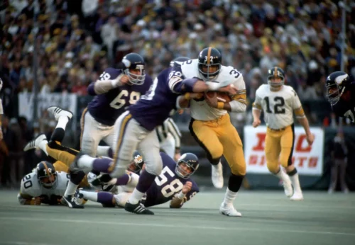 
The Purple People Eaters had no answer for Franco Harris in Super Bowl IX.  He ran for 158 yards and a TD, and was named the game's MVP. 
