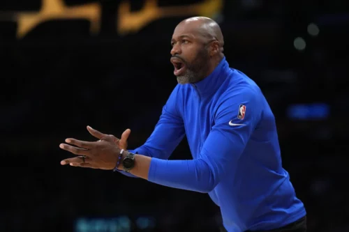 
Mar 19, 2023; Los Angeles, California, USA; Orlando Magic coach Jamahl Mosley reacts in the second half against the Los Angeles Lakers at Crypto.com Arena. Mandatory Credit: Kirby Lee-USA TODAY Sports
