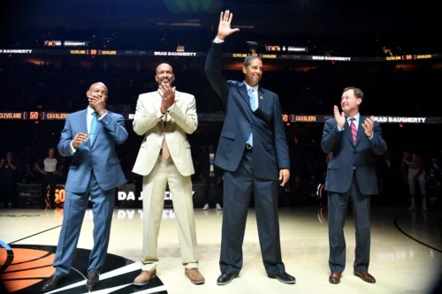 
Oct 26, 2019; Cleveland, OH, USA; Former Cleveland Cavaliers players (left to right) Austin Carr and Larry Nance and Brad Daugherty and Mark Price are introduced as part of the Cleveland Cavaliers 50th anniversary festivities before the game between the Cleveland Cavaliers and the Indiana Pacers at Rocket Mortgage FieldHouse. Mandatory Credit: Ken Blaze-USA TODAY Sports
